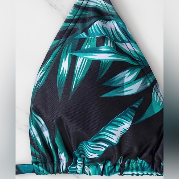 3 Piece Swimsuit Leaf Print Halter Drawstring Side Bikini Set with Cover Up - Picture 4 of 12